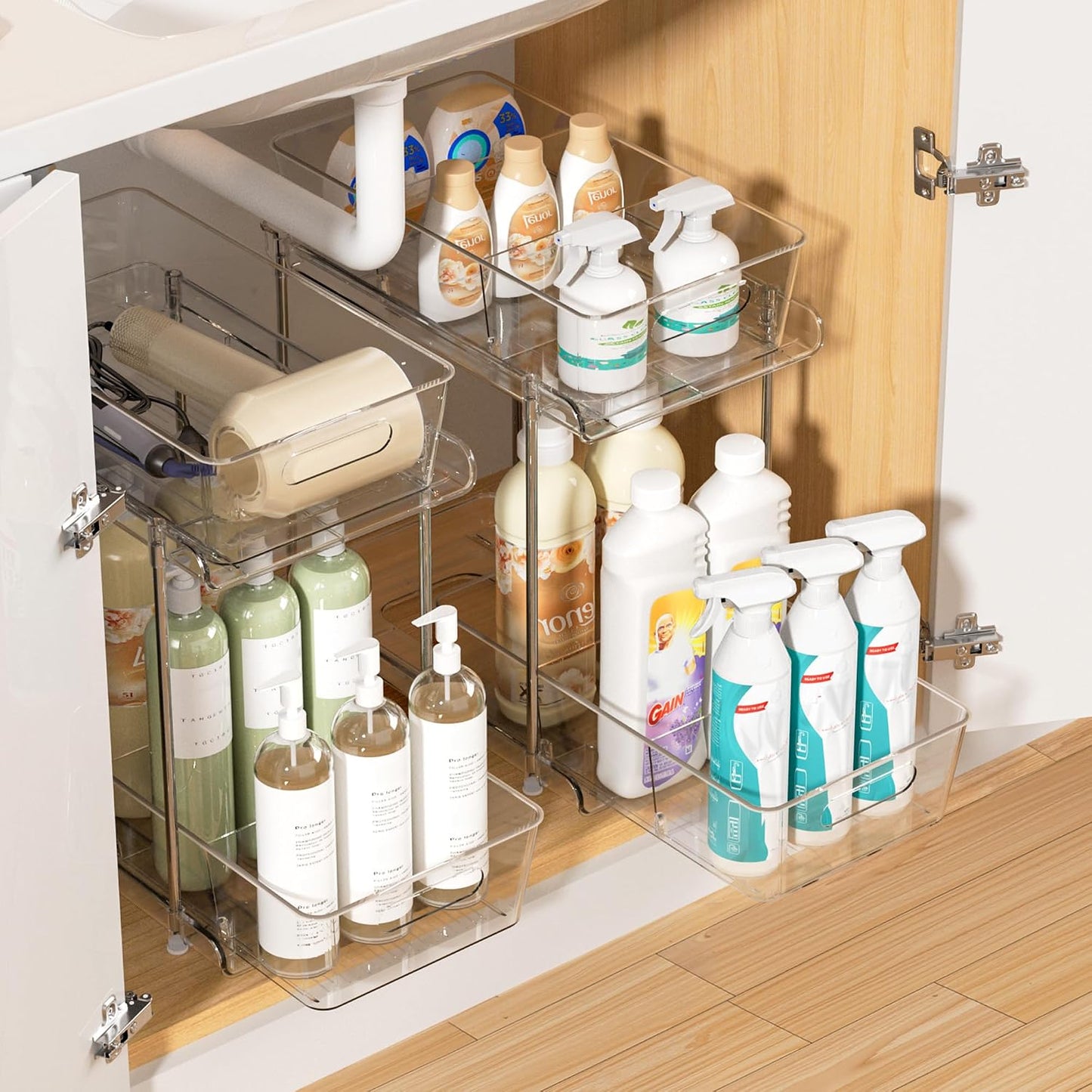 Vtopmart 2 Tier Bathroom Storage Organizer, 2 Pack Clear Under Sink Organizers Vanity Counter Container, Cabinet Drawers Bins, Pull-Out Organization with Track for Pantry, Kitchen