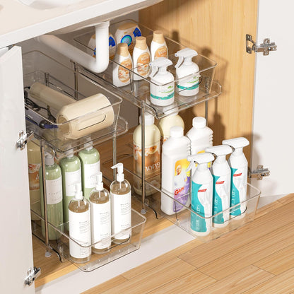 Vtopmart 2 Tier Bathroom Storage Organizer, 2 Pack Clear Under Sink Organizers Vanity Counter Container, Cabinet Drawers Bins, Pull-Out Organization with Track for Pantry, Kitchen