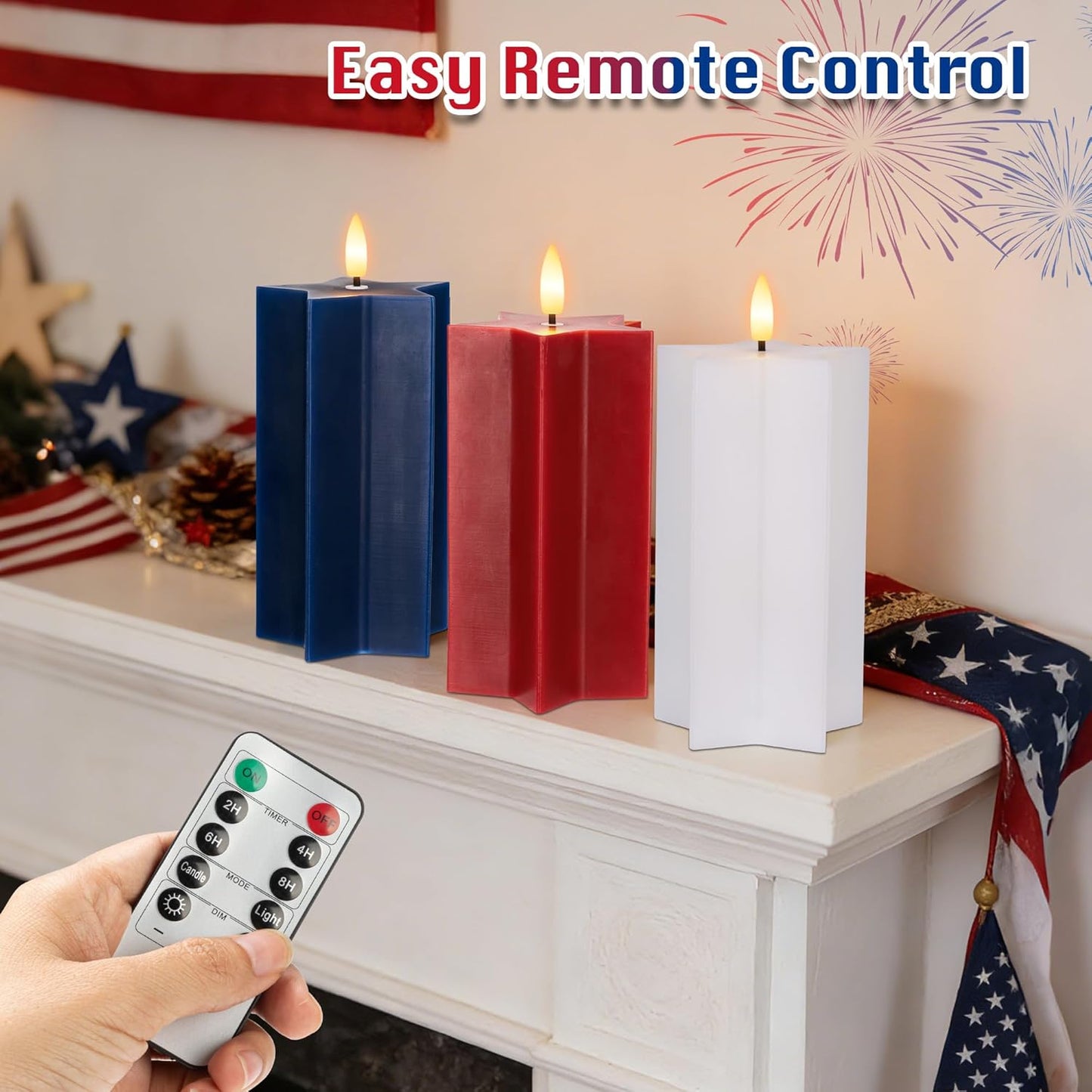 4th of July Flameless Pillar Candles with Remote, Patriotic Red White and Blue Battery Operated Star Shaped LED Pillar Candle Set of 3, Independence Day Decorations for Home Party Table Fireplace