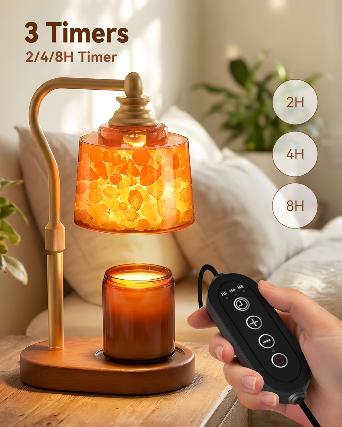 3-in-1 Candle Warmer Lamp with Timer Dimmable, Himalayan Salt Lamp & Passive Diffuser, Gifts for Women, House Warming Gifts, Wax Melt Warmer for Jar Candles (2 Bulbs)