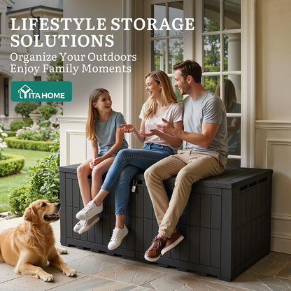 YITAHOME 134 Gallon Large Deck Box | Waterproof Resin Outdoor Storage Box with Lock, Doubles as 2-Person Bench Seating for Patio Furniture Cushions,Garden Tools &