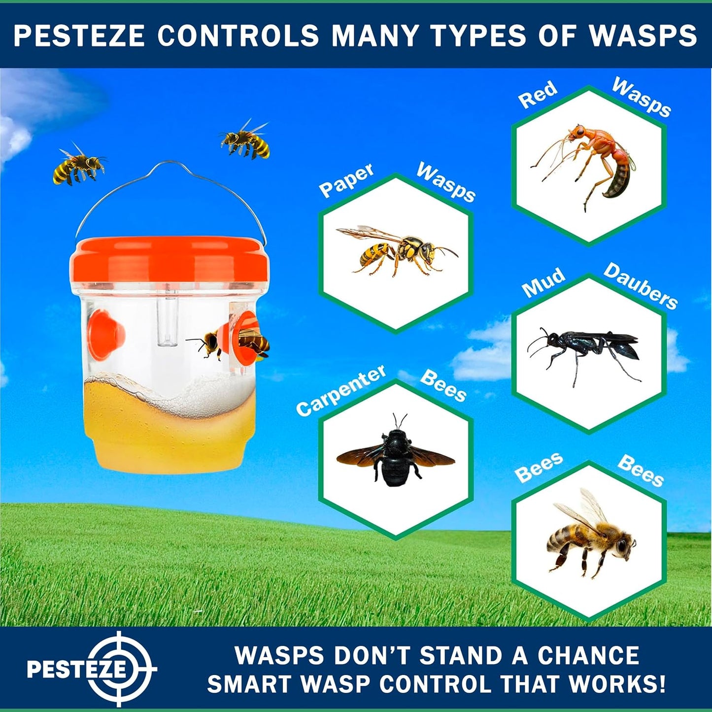 PESTEZE USA 2 Pack Reusable Solar Hanging Wasp Trap with LED Light [Orange, 3.5×4.4 in]–Attracts & Stop Wasps, Hornets, Yellow Jackets & Flying Insects Safely, Waterproof Outdoor Trap