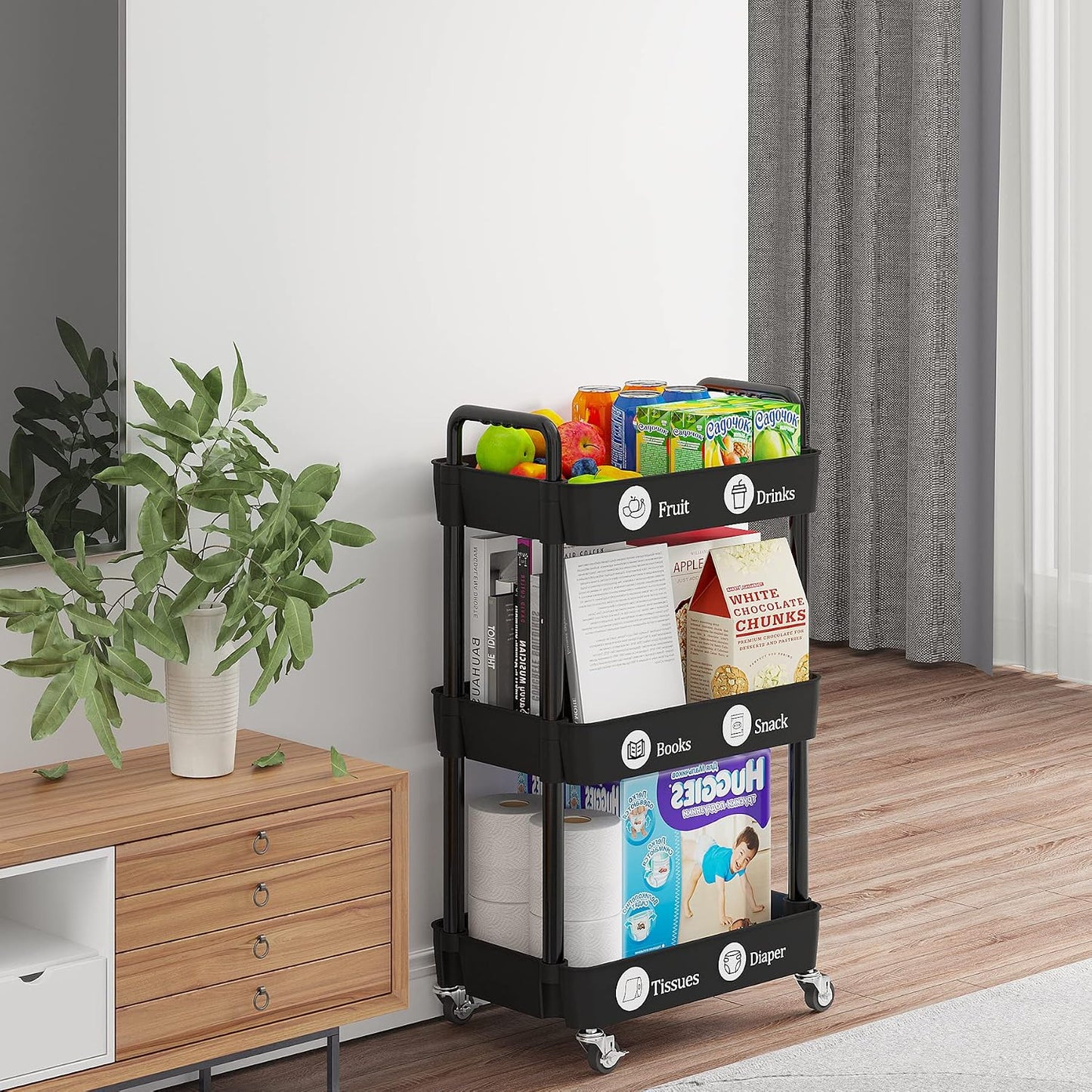 Laiensia 3-Tier Rolling Cart with Wheels,Multifunction Utility Storage Carts, Kitchen Storage Organizer,Mobile Shelving Unit for Bathroom,Laundry,with Classified Stickers,White
