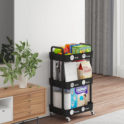 Laiensia 3-Tier Rolling Cart with Wheels,Multifunction Utility Storage Carts, Kitchen Storage Organizer,Mobile Shelving Unit for Bathroom,Laundry,with Classified Stickers,White