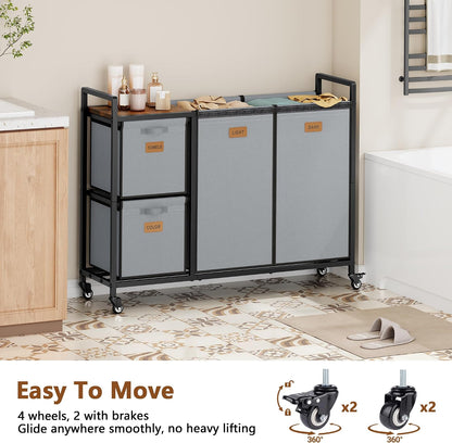 Hoctieon 4 Section Laundry Cart, 48 Gal. (182L) Laundry Hamper with Lid, Laundry Basket with Wheels, Rolling Laundry Sorter Organizer with Shelf, Clothes Separator with Removable Bags, Black