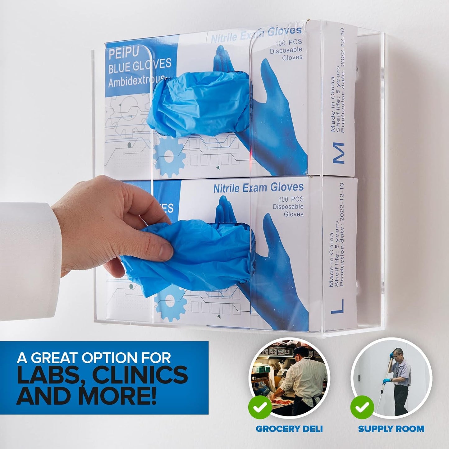 Stock Your Home Triple Acrylic Gloves Dispenser, Tissue Box Shelf, Glove Holder Wall Mount, For Kitchen, Cleaning Closet, Lab, Exam, Office