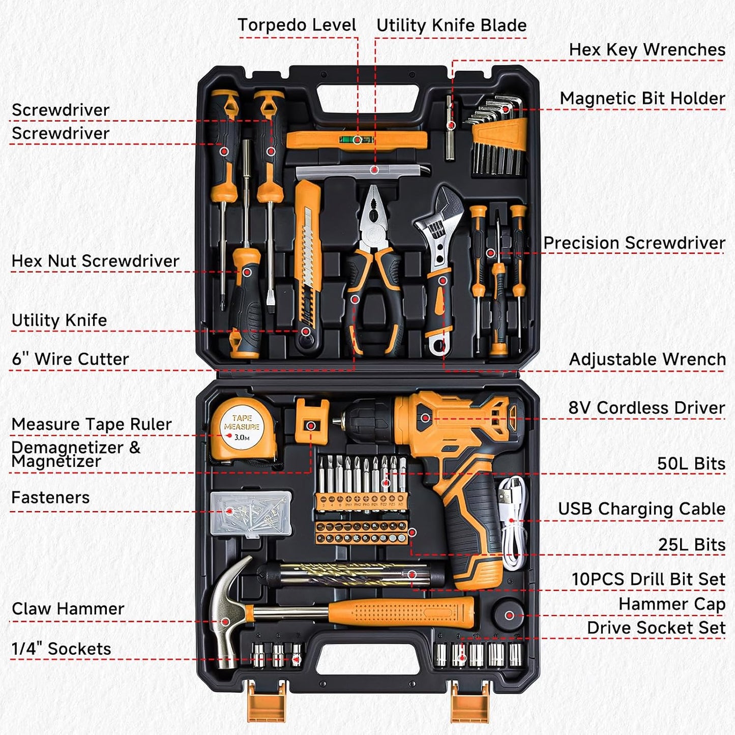 Tool Set - 8V Cordless Drill Set, 132 Piece Home Tool Set With Hand Drill, Tool Kit for Women & Men, Perfect for Homeowner, Diyer, Handyman