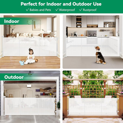 Reinforced 50" Wide Retractable Baby Gates for Doorways, Retractable Dog Gate for Stairs with Support Rods – Prevent Crawling Under, Outdoor Indoor Mesh Baby Gate Retractable Gates for Dogs, White