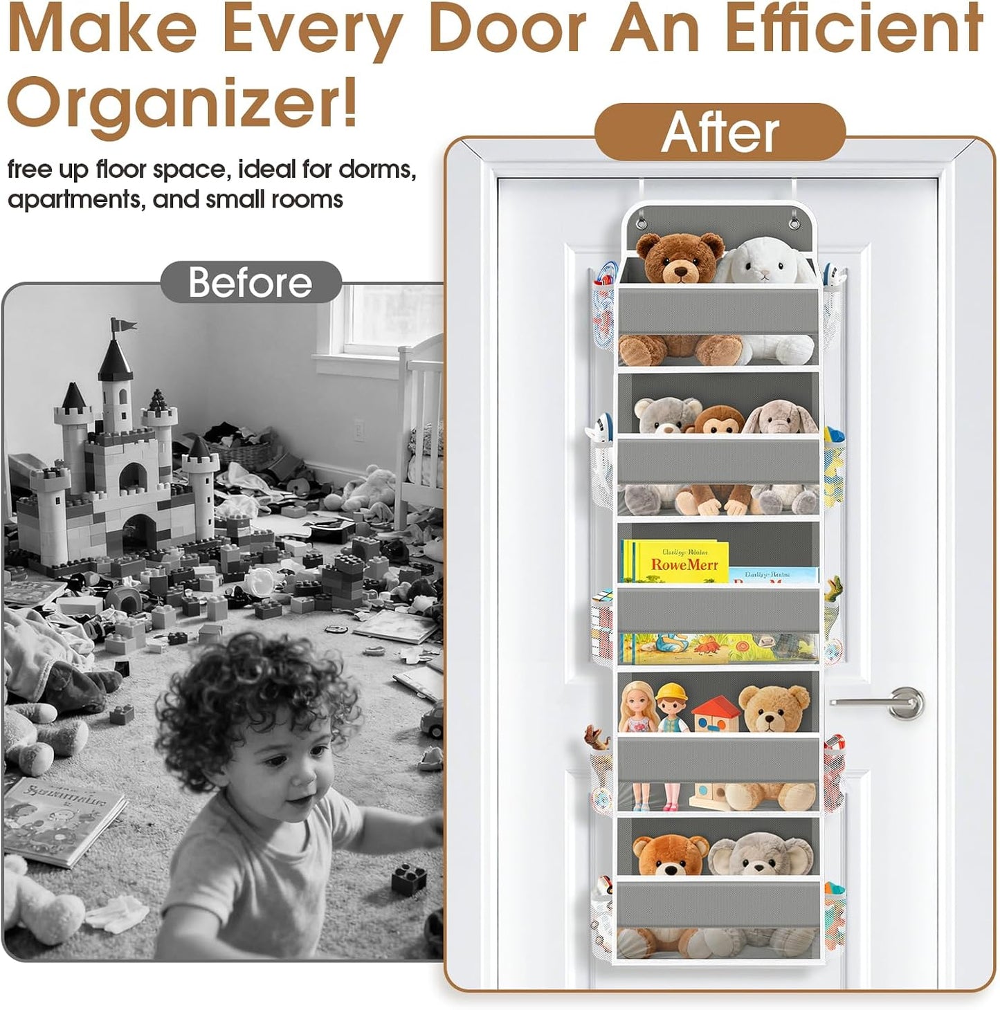 WISELIFE Over The Door Organizer Storage with 4 Large Pockets Door Hanging Organizer with Clear Windows behind The Door Storage for Nursery Bedroom Bathroom Pantry Closet and Baby Essentials Dark Grey