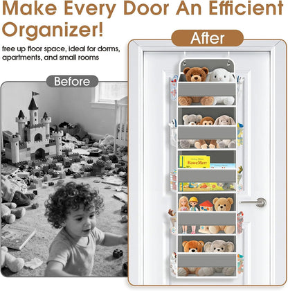 WISELIFE Over The Door Organizer Storage with 4 Large Pockets Door Hanging Organizer with Clear Windows behind The Door Storage for Nursery Bedroom Bathroom Pantry Closet and Baby Essentials Dark Grey