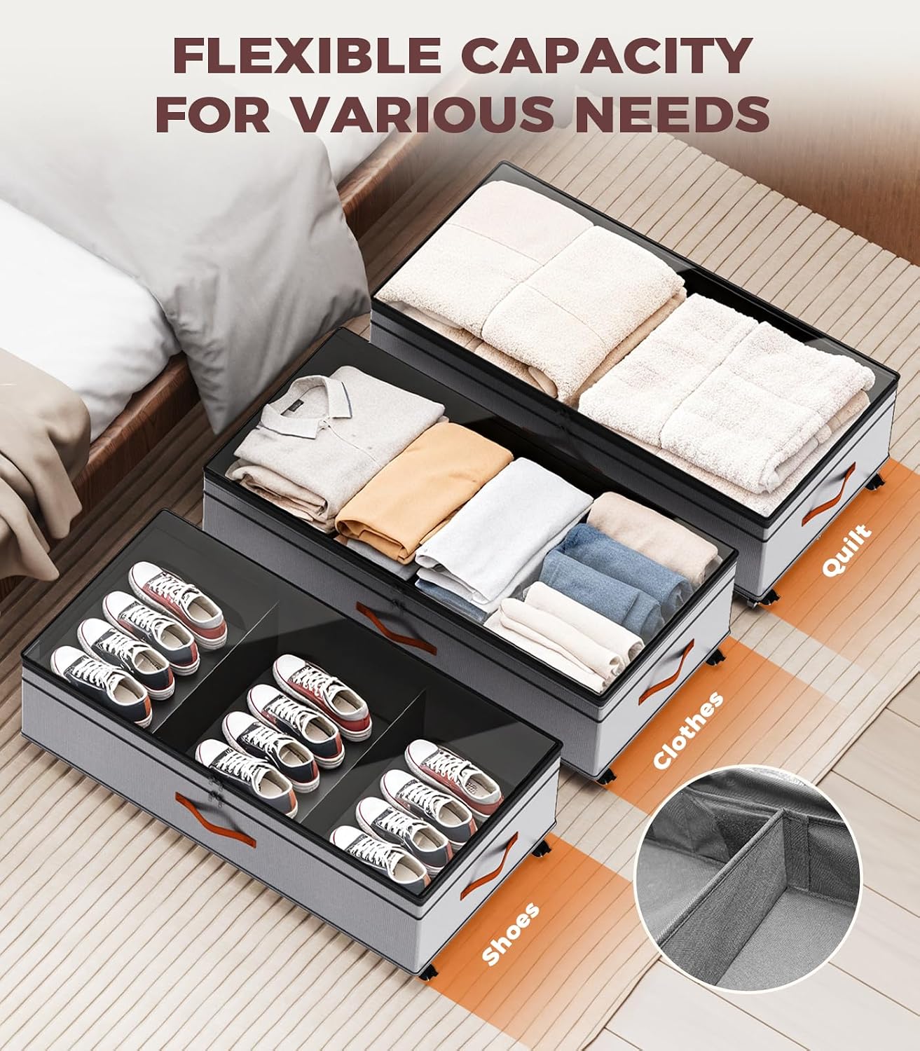 Under Bed Storage with Wheels, 35.5 inches Underbed Storage Large Capacity Under Bed Rolling Containers, 2 Pack Under the Bed Storage for Clothes, Shoes, Blankets (Deep Black)