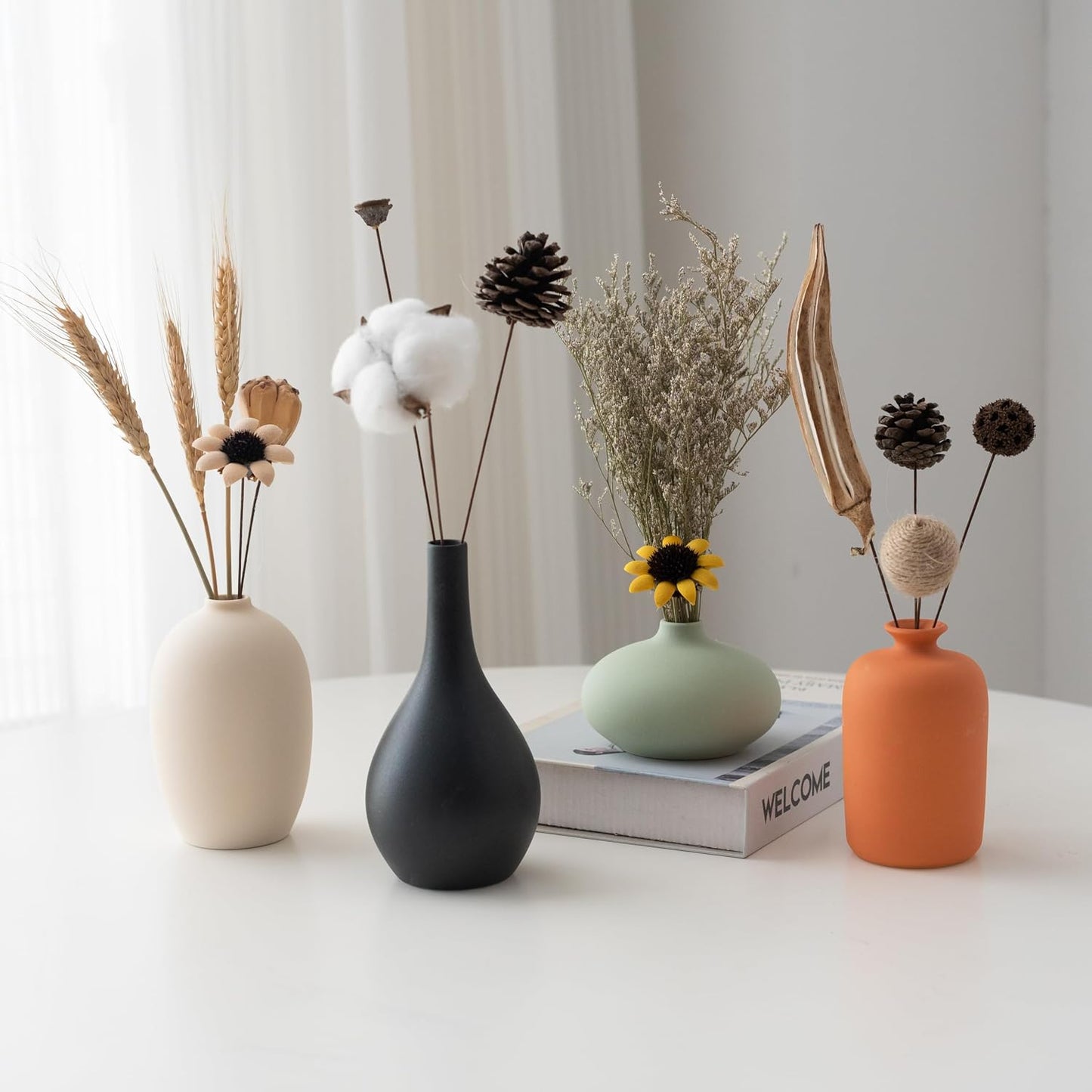Small Ceramic Matte Vase Set 4 for Modern Home Decor Flower Decoration Office,Bookdesk, Bookshelf, Centerpieces, Tables, Living Room, Dining Table, Bedroom Shelf Entryway Ornament Gift