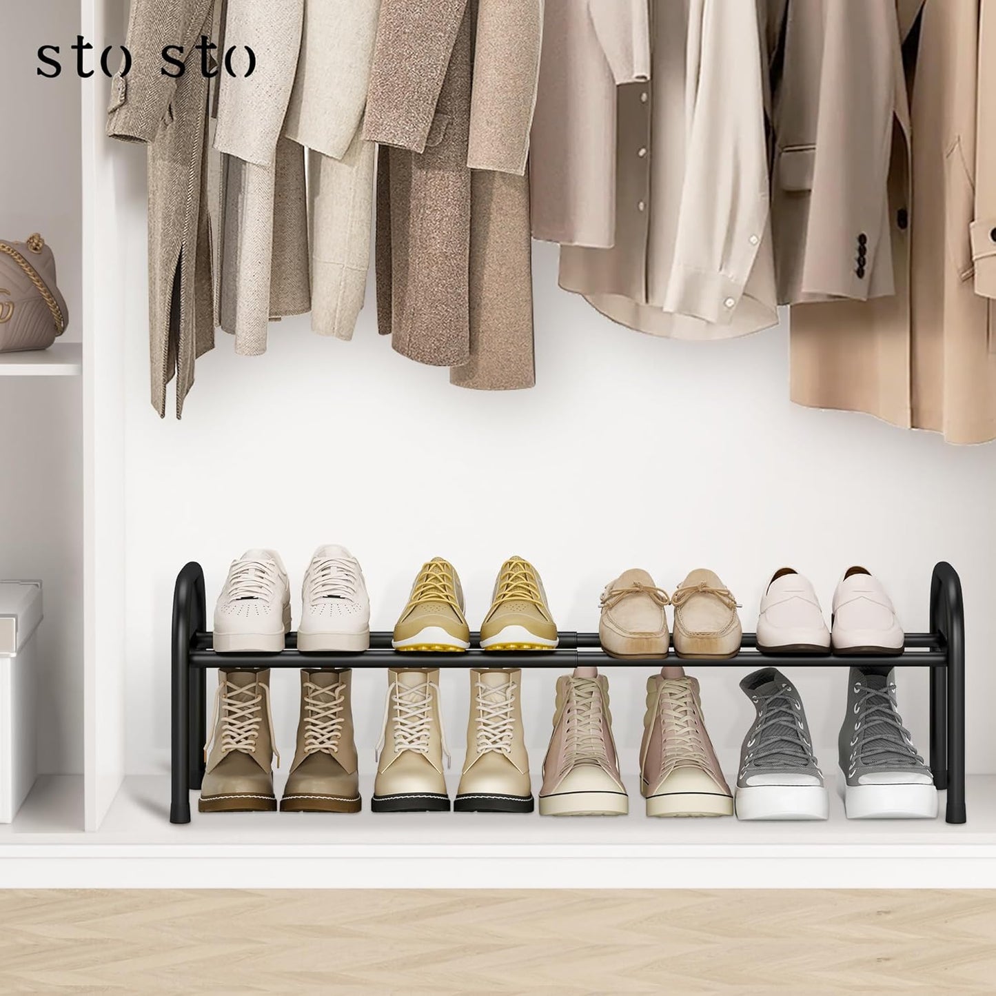 STO STO Expandable Shoe Rack, 3-Tier Metal Small Shoe Rack for Closet, Up to 16 Pairs Adjustable Shoes Racks Storage for Front Door Entrance, Free Standing Shoes Rack Organizer for Entryway, Black