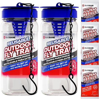 Fly Trap Outdoor Fly Traps for Patio with 2 Non-Toxic Dissolvable Bait Refills. Reusable Hanging Bug Catcher Killer for All Filth Flies for Outside Bug Control Yard Ranch. Hanging Chains Included.