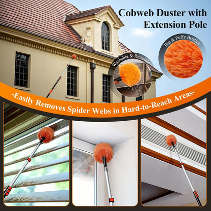 26ft High Reach Duster Kit with 5-20ft Heavy-Duty Extra Long Extension Pole, Vaulted Ceiling Cobweb Brush, Washable Ceiling Fan Duster, Microfiber Duster & Window Squeegee for Tall Ceiling