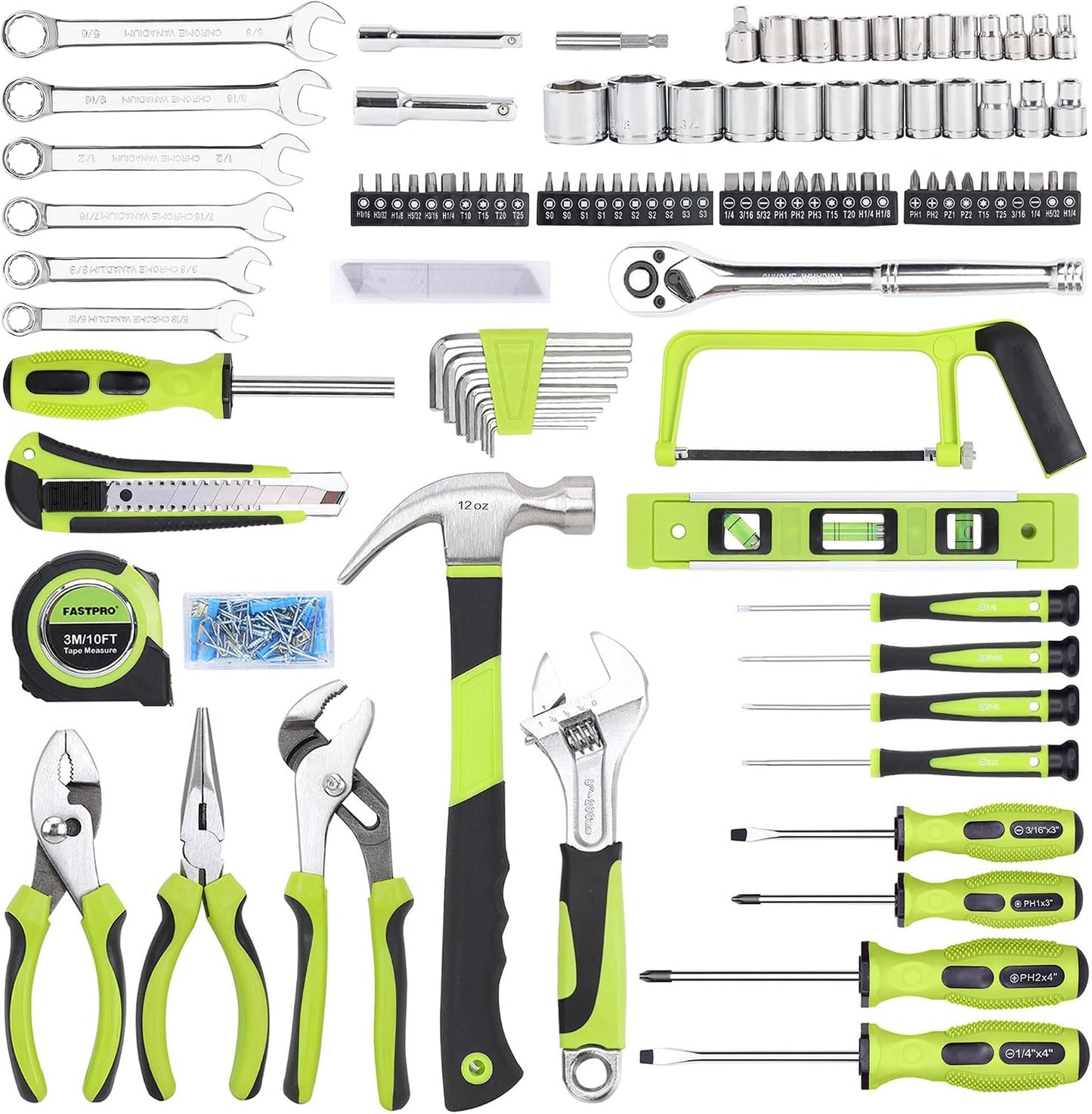 FASTPRO 198-Piece Household Tool Set, Home Repairing Tool Set with Toolbox, SAE Mechanics Hand Tool Kit for DIY, Home Maintenance, Green