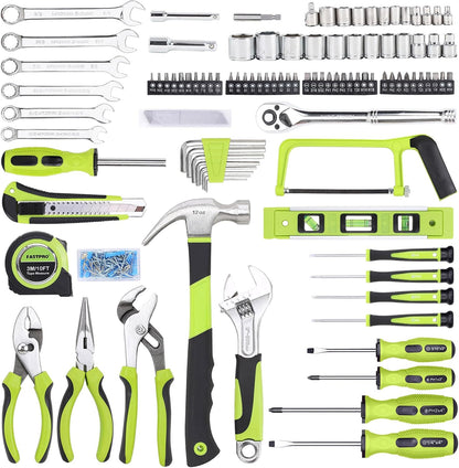 FASTPRO 198-Piece Household Tool Set, Home Repairing Tool Set with Toolbox, SAE Mechanics Hand Tool Kit for DIY, Home Maintenance, Green