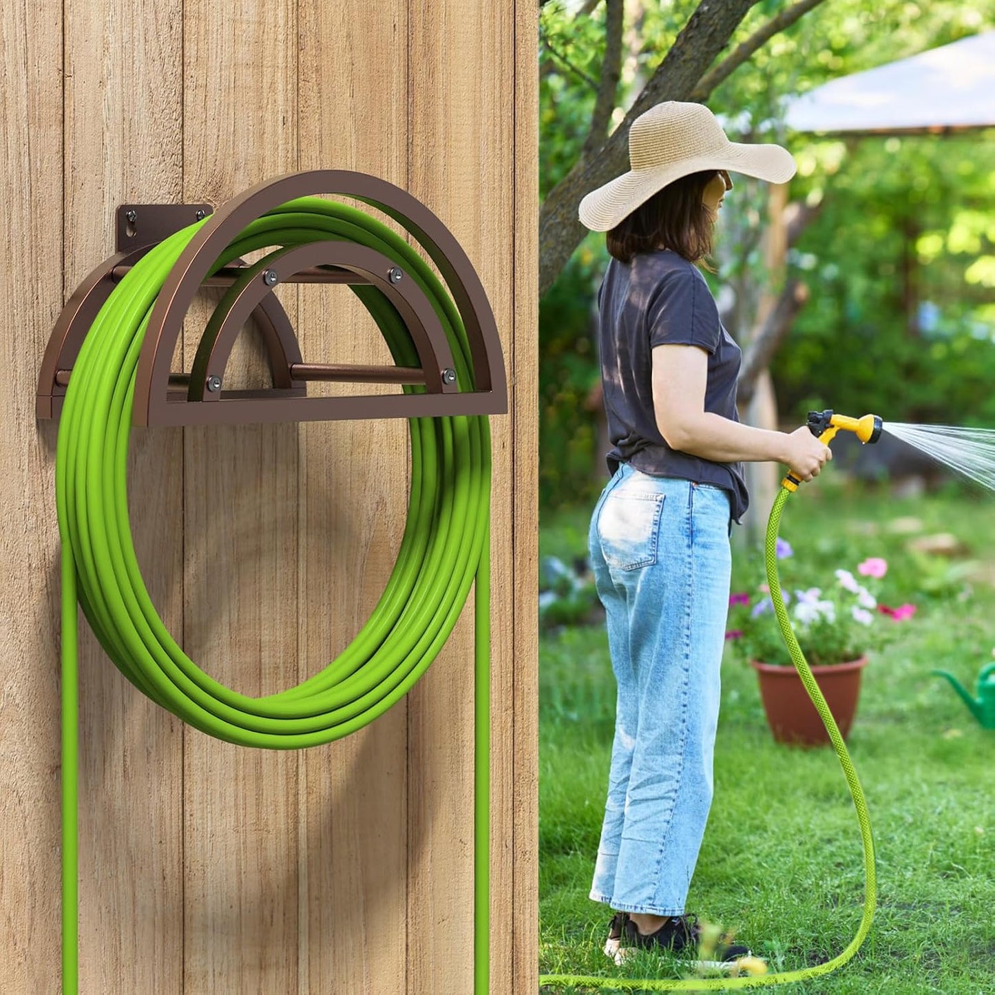 OLV Hose Holder Wall Mount, Outdoor Water Hose Holder Holds 125-ft Hose, Heavy Duty Metal Detachable Hose Hanger Reel Storage Organizer, Hose Rack for Outside Garden Lawn Yard Farm, Black