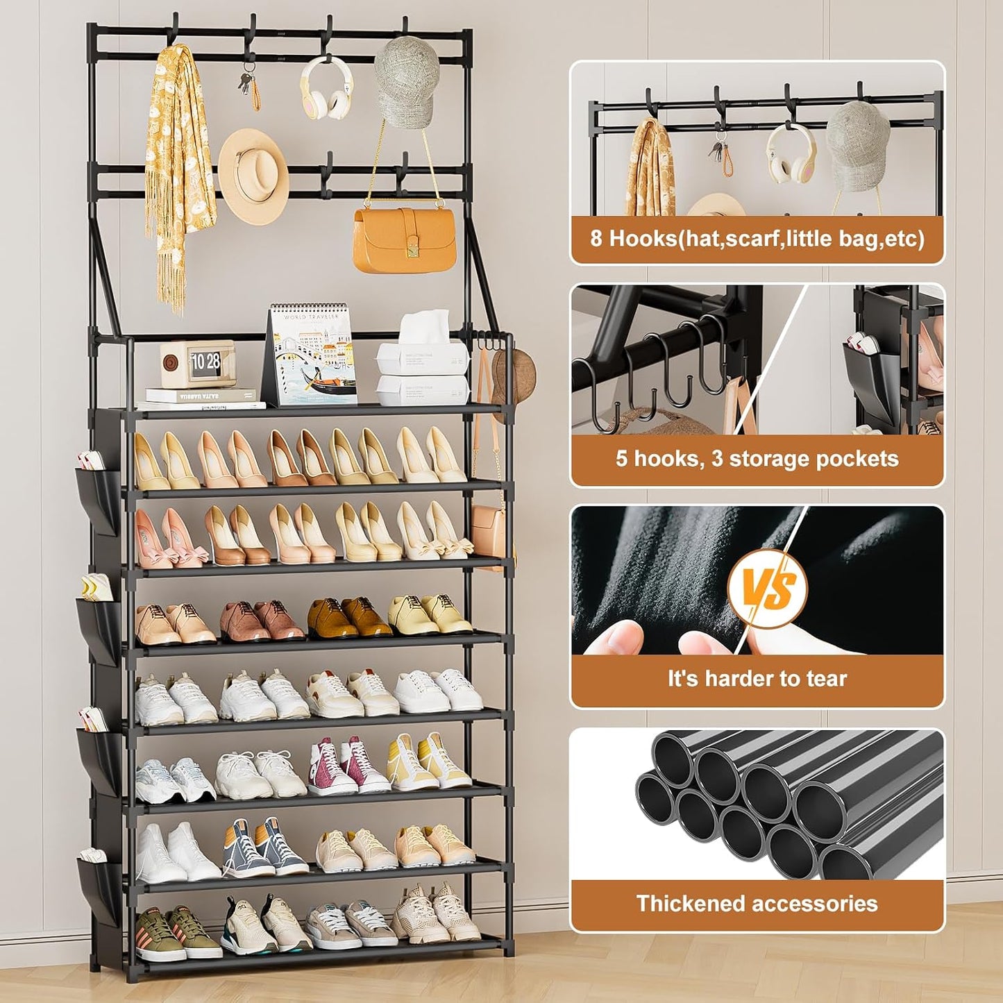 OYREL Shoe Rack, 5 Tier Shoes Storage Organizer, with Functional Hooks and Side Pocket, 20-25 Pairs, for Closet/Entrance/Entryway, Sneaker and Boot Stackable Free Standing Shoe Rack