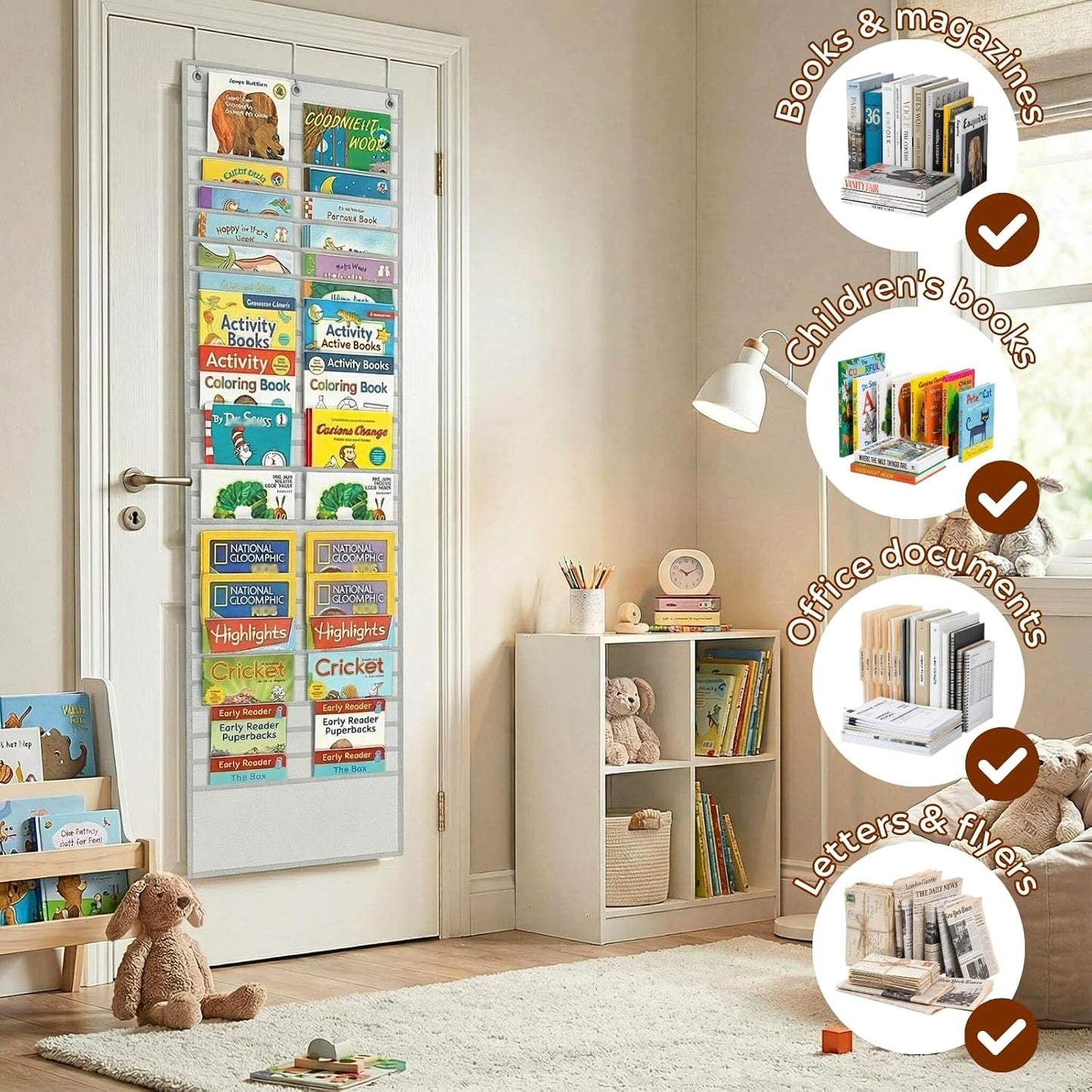 26-Pocket Over The Door File Organizer - Vertical Hanging Storage for Magazines, Documents & Paper, Heavy-Duty Door Organizer for Office, Classroom & Home
