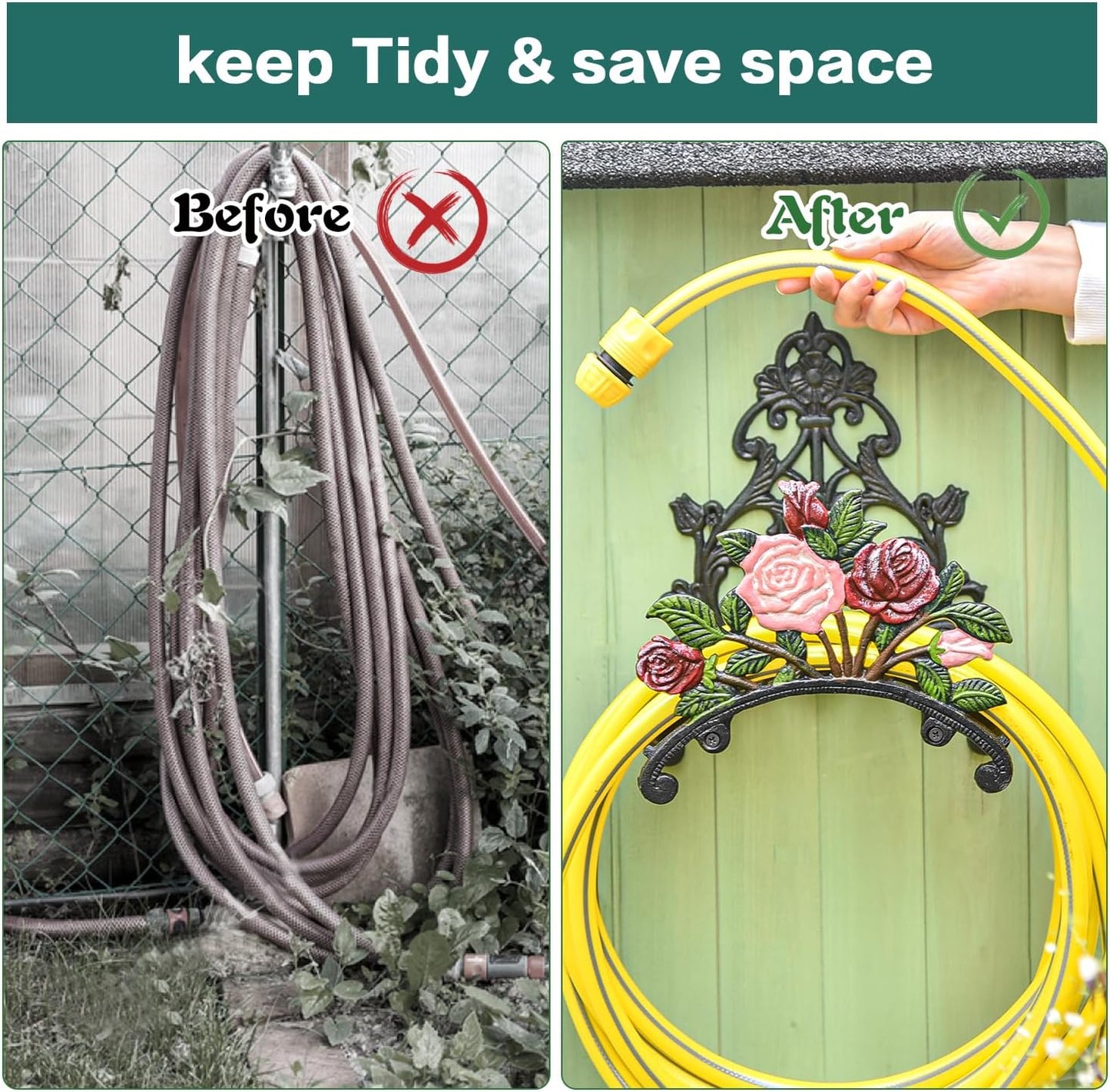 Sungmor Cast Iron Heavy Duty Garden Hose Holder - Decorative Hand-Painted Sunflower Wall Mounted Water Hose Hanger - Wall Decoration Hanging Hose Rack - Hose Reel Storage Butler - Metal Hose Stand