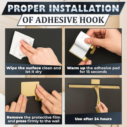Shower Door Squeegee with Adhesive & Hanging Hooks, 12" Silicone Blade - Stainless Steel All-Purpose Squeegee for Shower Glass, Bathroom Mirror Cleaner Tool Suitable for Tile Walls - Multi-Surface Use