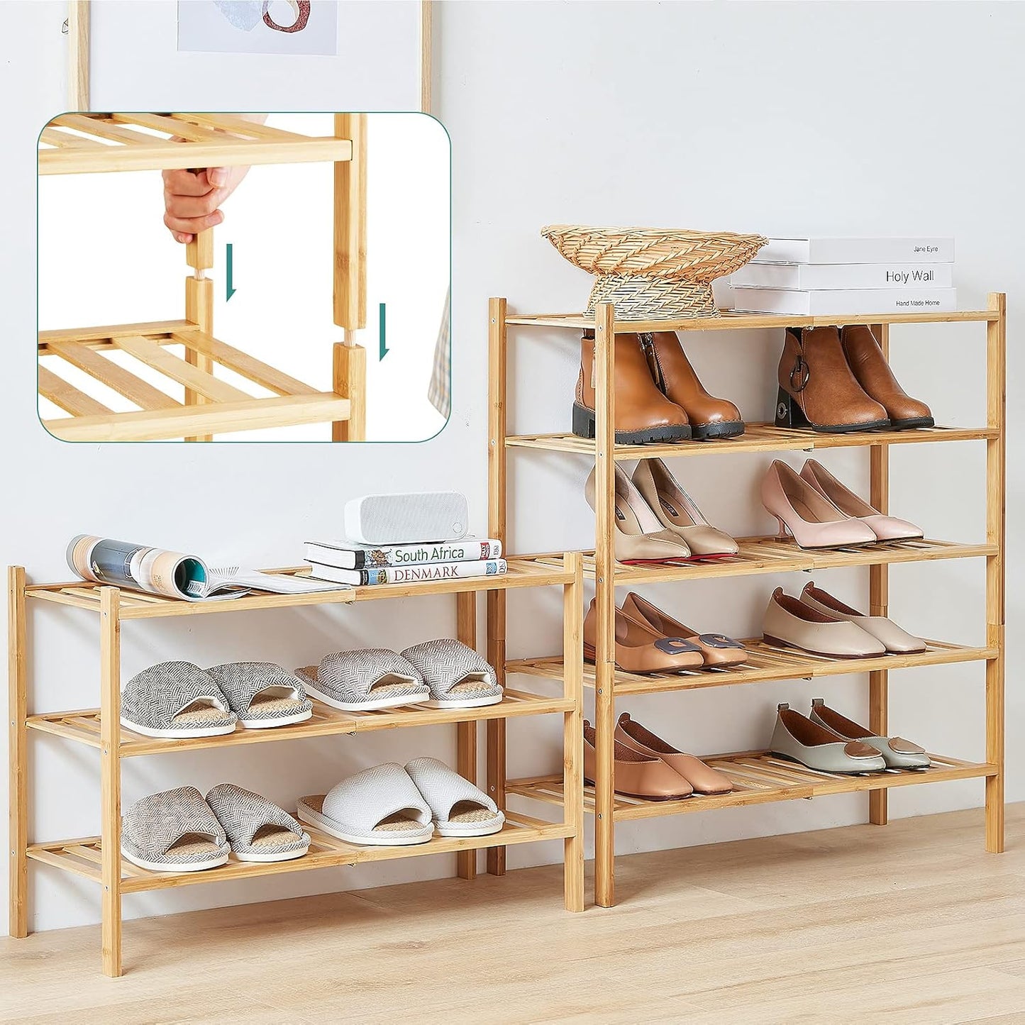 viewcare 3-Tier Black Bamboo Shoe Rack for Entryway, Stackable | Foldable | Natural, Shoe Shelf Storage Organizer for Hallway Closet, Free Standing Shoe Racks for Indoor Outdoor