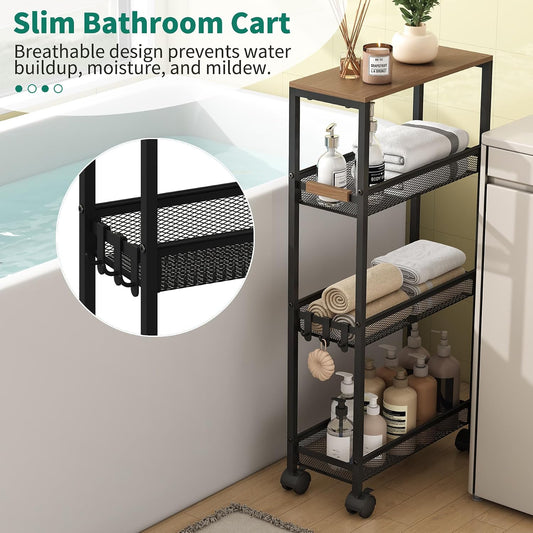 TIPGO Utility Slim Storage Cart, 4 Tier Rolling Cart with Wheels, Narrow Storage Cabinet for Bathroom, Laundry Shelves for Room Organization, Small Organizer for Kitchen, Office and Dorm (White)