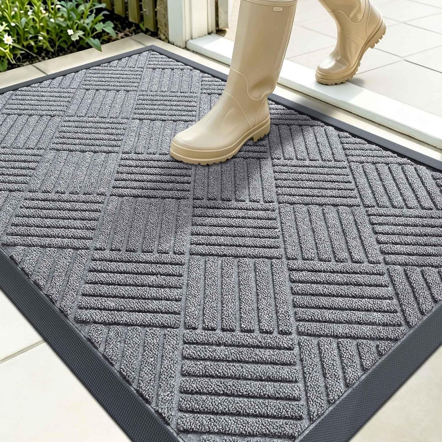 OLANLY Front Door Mat Outside Entrance 29.5x17, Absorbent, Heavy Duty Sturdy Natural Rubber Doormat Indoor Outdoor, Stain and Fade Resistant, Non-Slip Low Profile Floor Mat for Entryway, Grey Diamond