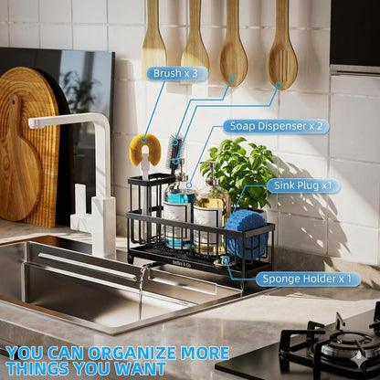 ✪®Premium Extra Large Kitchen Sink Organizer Caddy - Premium Stainless Steel Sponge Holder, Dish Brush Rack & Soap Dispenser Tray for Countertop Storage (Black)