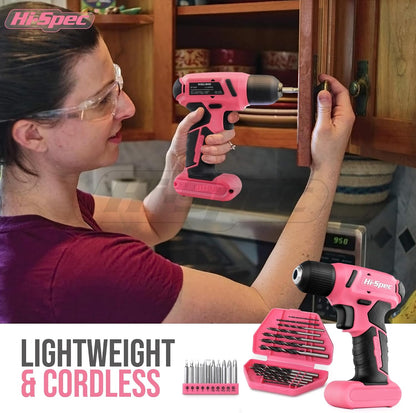 Hi-Spec Tool Kit with 3.6V USB Small Electric Screwdriver Set, Pink Drill Set for Women, Tool Kit for Home