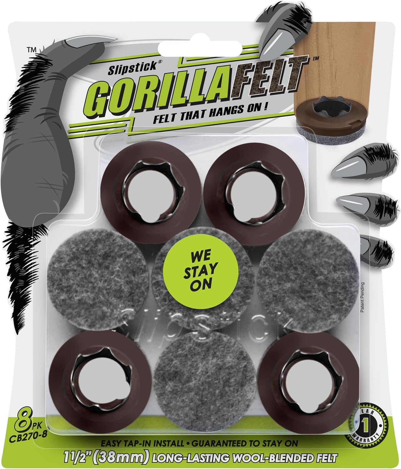 GorillaFelt Chair Leg Floor Protectors/Felt Chair Glides (Set of 16) Tap-On Felt Furniture Pads Guaranteed to Stay On, 1 Inch Round Chair Sliders
