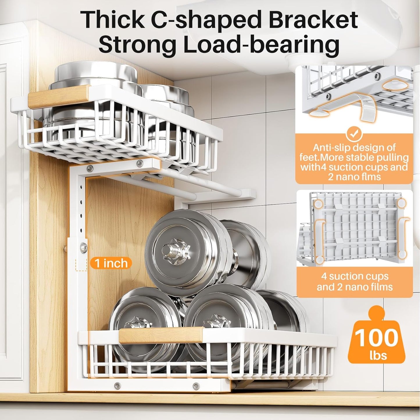 PXRACK Under Sink Organizer, Adjustable Height, 2 Tier Pull Out Under Cabinet Organizer, Slide Out Thickened Metal Under Sink Storage for Kitchen Bathroom Laundry Pantry Cabinet, White, Large-1-Pack