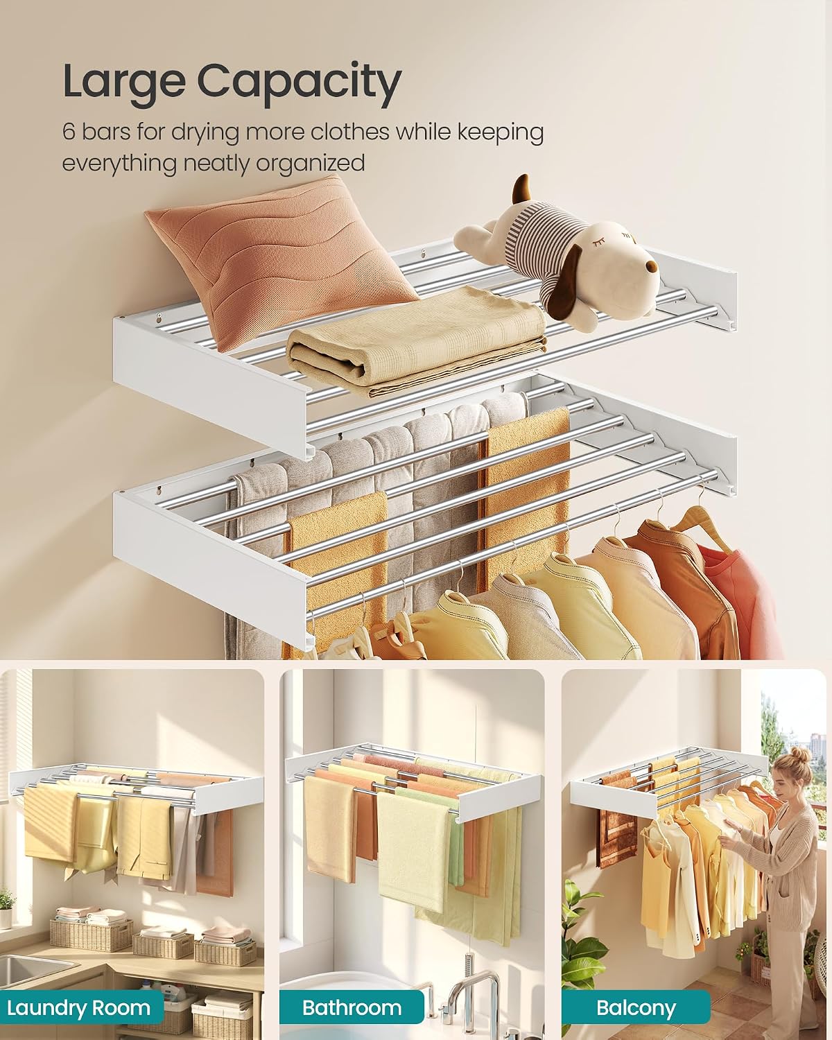 SONGMICS Wall Mounted Drying Rack, Clothes Drying Rack Foldable, 39.4 Inches Wide Laundry Clothes Airer with Wall Template, 6 Fold-Out Aluminum Alloy Bars, Indoor, Matte White ULLR810WE01