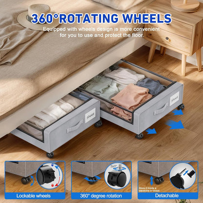 Beborxue Under Bed Storage with Wheels, 4-Pack Under Bed Storage Containers with Clear Lids, XXL 60L Under Bed Shoe Storage Organizer, Rolling Underbed Storage for Clothes, Shoes, Blankets (Beige)