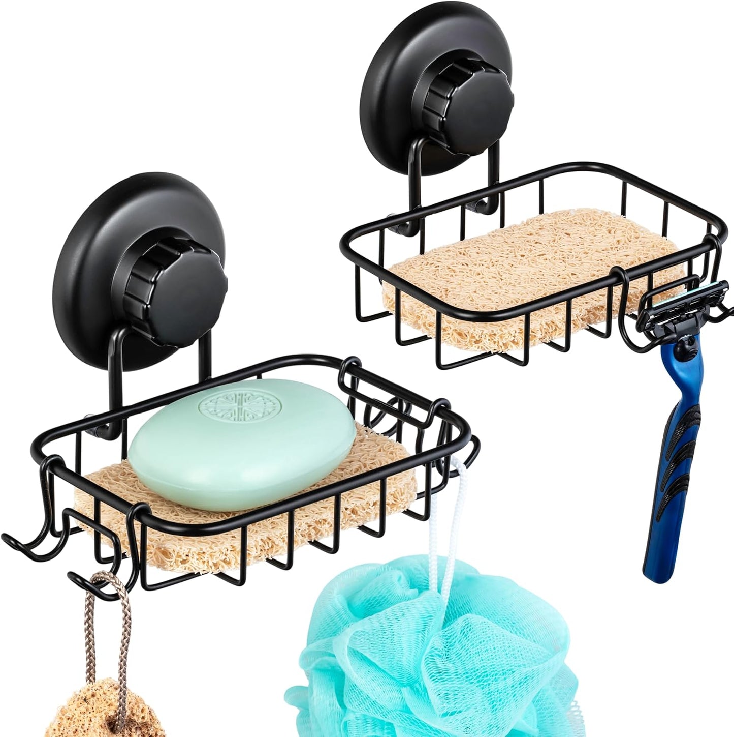 HASKO 2-Pack Suction Cup Soap Holder – Bar Soap Dish for Shower with Hooks for Bathroom – Optional Mounting with Adhesive Tape or Glue – Includes 2 Soap Savers – Stainless Steel SS304 - Silver