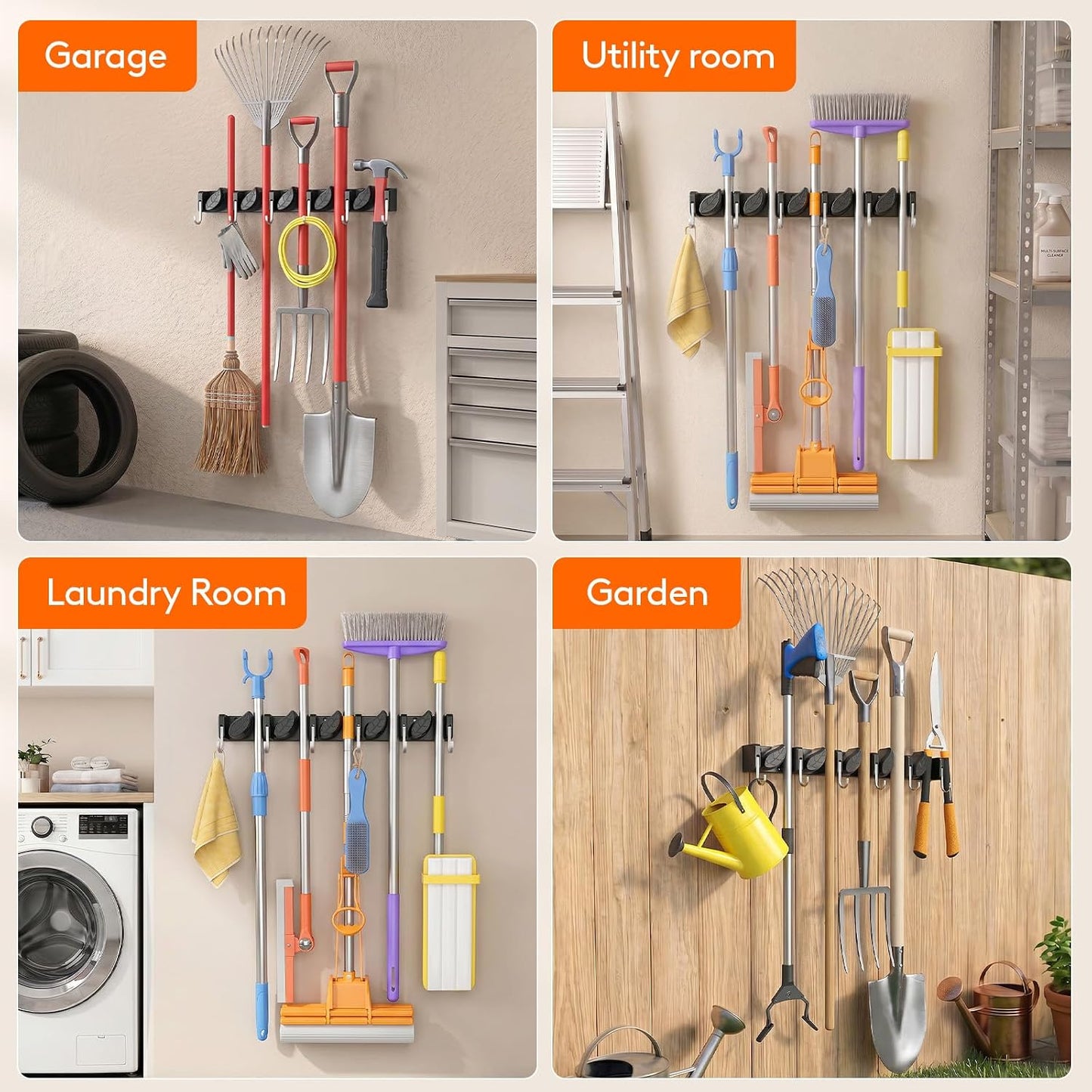 Lifewit Broom and Mop Holder Wall Mount, Non-Slip Cleaning Tool Hanger Organizer with 6 Hooks 5 Slots, Heavy Duty Hanging Broom Utility Rack for Kitchen, Garden, Garage, Laundry, 1 Pack, Black