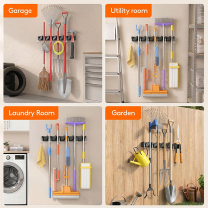 Lifewit Broom and Mop Holder Wall Mount, Non-Slip Cleaning Tool Hanger Organizer with 6 Hooks 5 Slots, Heavy Duty Hanging Broom Utility Rack for Kitchen, Garden, Garage, Laundry, 1 Pack, Black