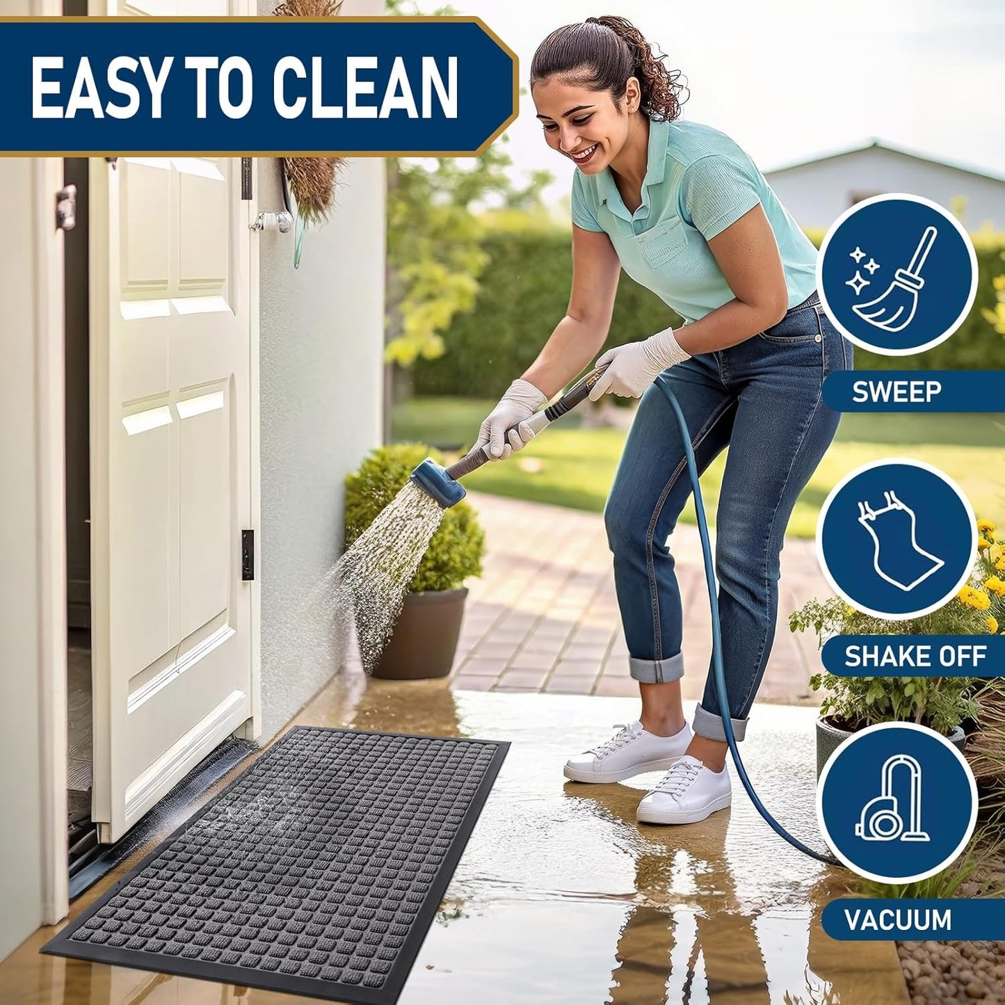 Smiry Front Door Mat Outside Entrance, Heavy Duty Natural Rubber Doormat, Non Slip, Trap Dirt and Moisture, Easy Clean, Low Profile Welcome Floor Mats for Indoor Outdoor Entry, 29.5x17 Inch, Black