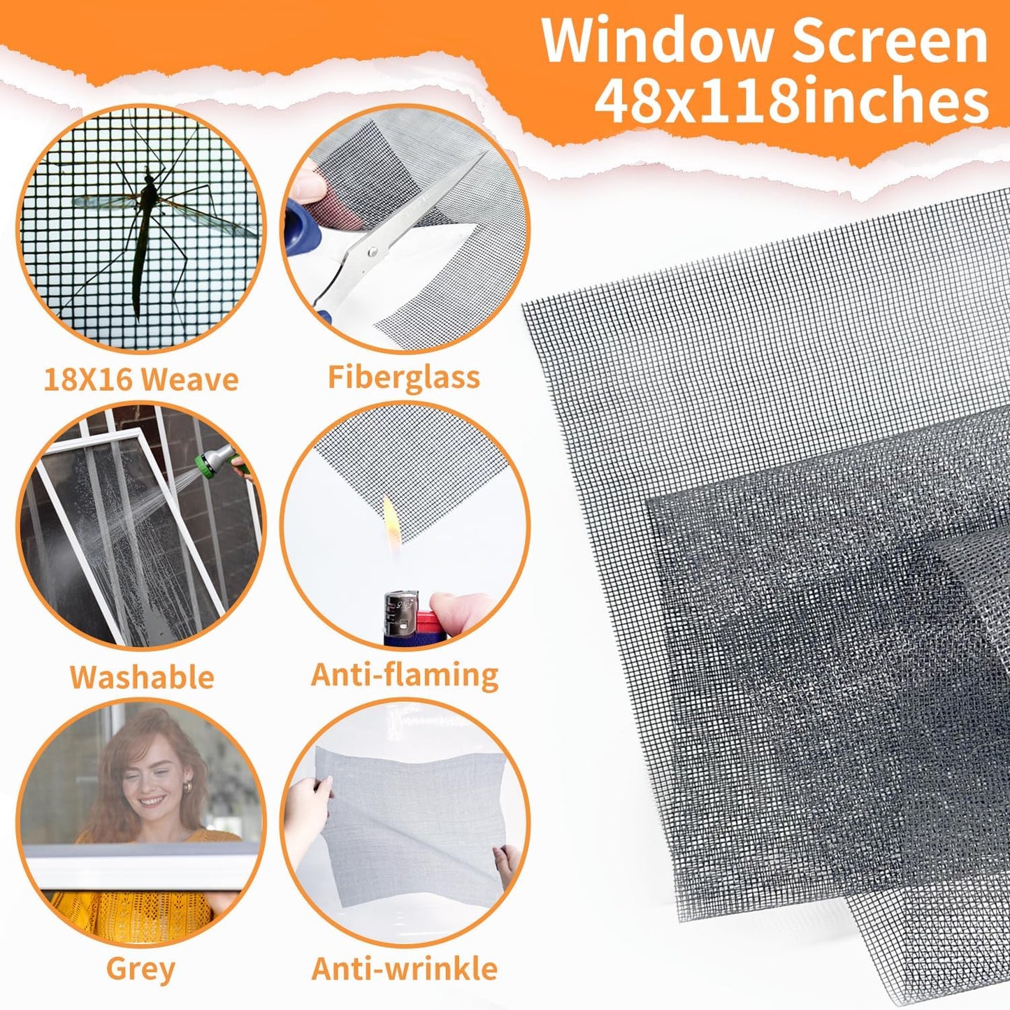 King&Charles Window Screen Door Repair/Replacement Kit, Include Black Screen Mesh 48"x118"+ 2 Roller+50Ft Spline+8Clips+Hook, 6 in 1 Window Mesh Kit, Steel/Nylon Bearing Roller