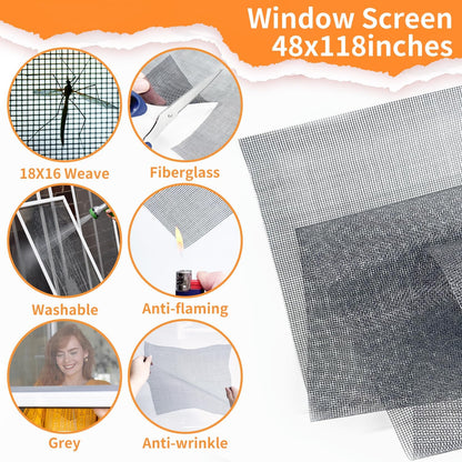 King&Charles Window Screen Door Repair/Replacement Kit, Include Black Screen Mesh 48"x118"+ 2 Roller+50Ft Spline+8Clips+Hook, 6 in 1 Window Mesh Kit, Steel/Nylon Bearing Roller