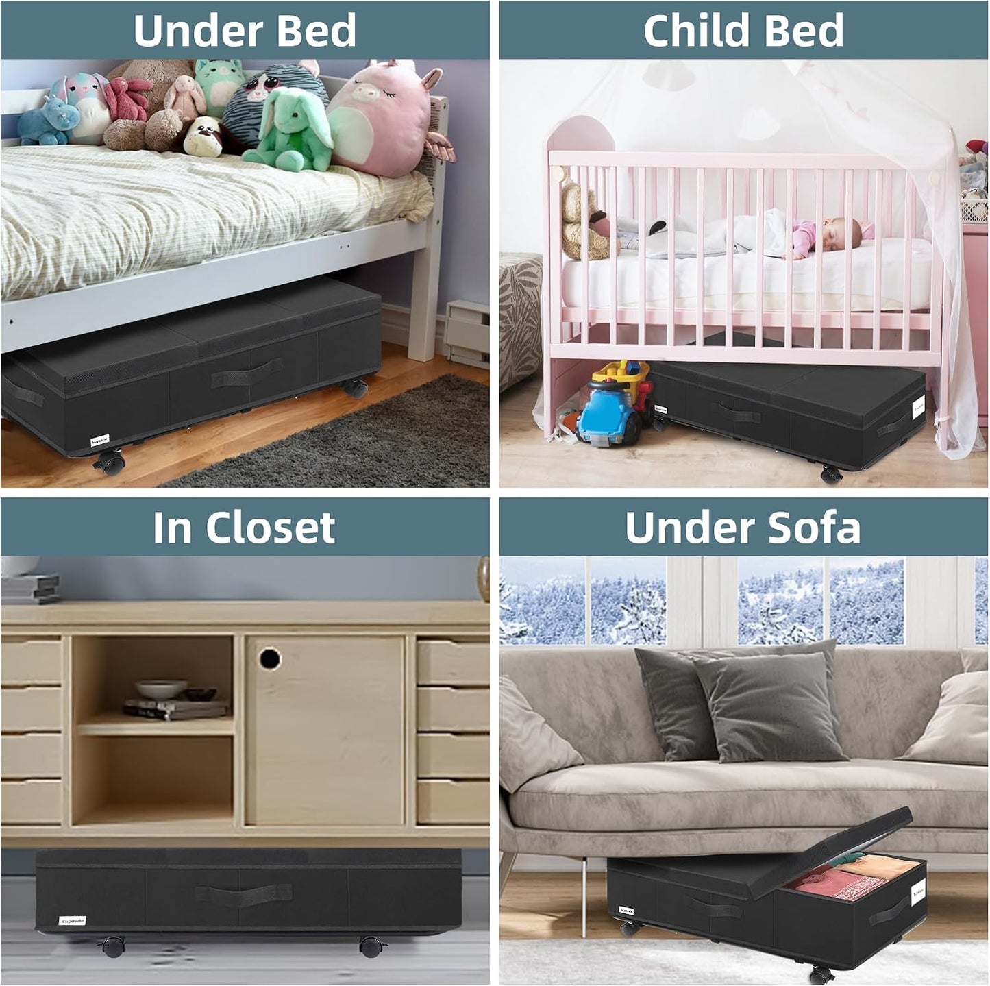 Supowin Under Bed Storage with Wheels, Rolling Underbed Storage Containers with Lids, Under Bed Shoe Storage Bins Organizer with Reinforced Metal Bottom Support and Three Handles