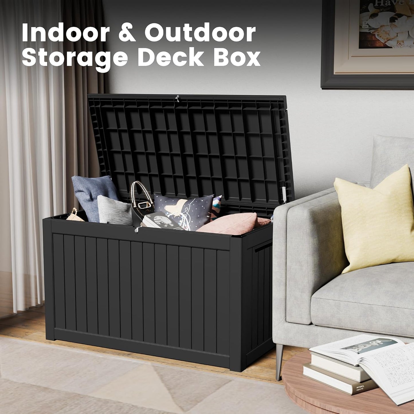 100 Gallon Storage Box, Waterproof Resin Deck Box with Hydraulic Piston Design, Lockable Storage Bench for Package Delivery, Storage Bin for Patio Cushions, Garden Tools, Black