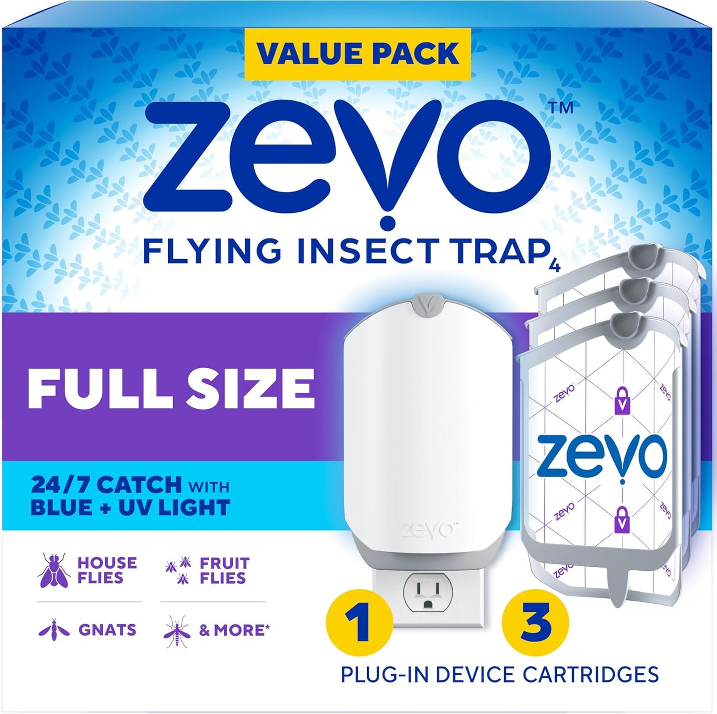 Zevo Flying Insect Trap - Plug-in Indoor Fly Trap and Bug Light Trap Refill with Blue and UV Light - No-Mess Cartridge for House Flies, Fruit Fly Trap and Gnats (1 Plug-in Base and 1 Cartridge)