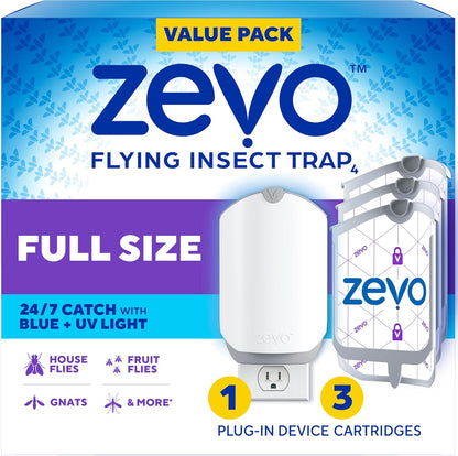 Zevo Flying Insect Trap - Plug-in Indoor Fly Trap and Bug Light Trap Refill with Blue and UV Light - No-Mess Cartridge for House Flies, Fruit Fly Trap and Gnats (1 Plug-in Base and 1 Cartridge)