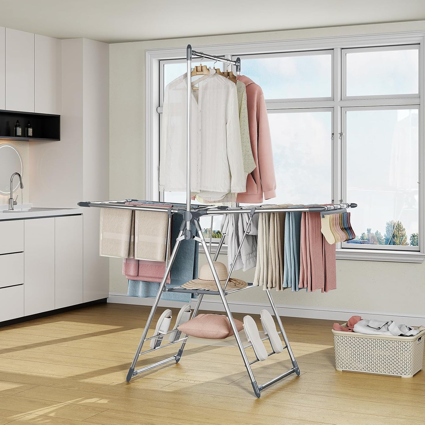 APEXCHASER Clothes Drying Rack with High Hanger, Foldable 3-Level Drying Racks with Shoe Rack, Crossbar and Vertical Rod Laundry Stand with Adjustable Wings Silver