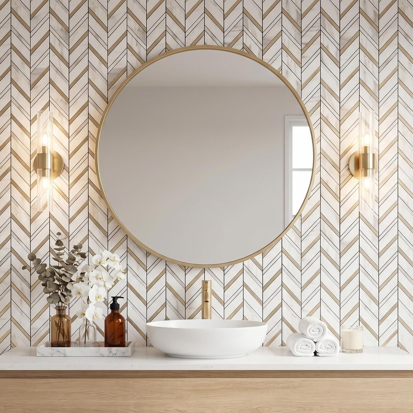 Yipscazo 10-Sheet Herringbone Backsplash Peel and Stick Tile, Polished White PVC Stick on Backsplash for Kitchen, Waterproof Self Adhesive Wall Tile for Bathroom