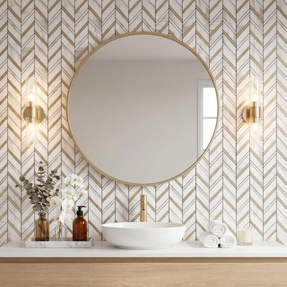 Yipscazo 10-Sheet Herringbone Backsplash Peel and Stick Tile, Polished White PVC Stick on Backsplash for Kitchen, Waterproof Self Adhesive Wall Tile for Bathroom
