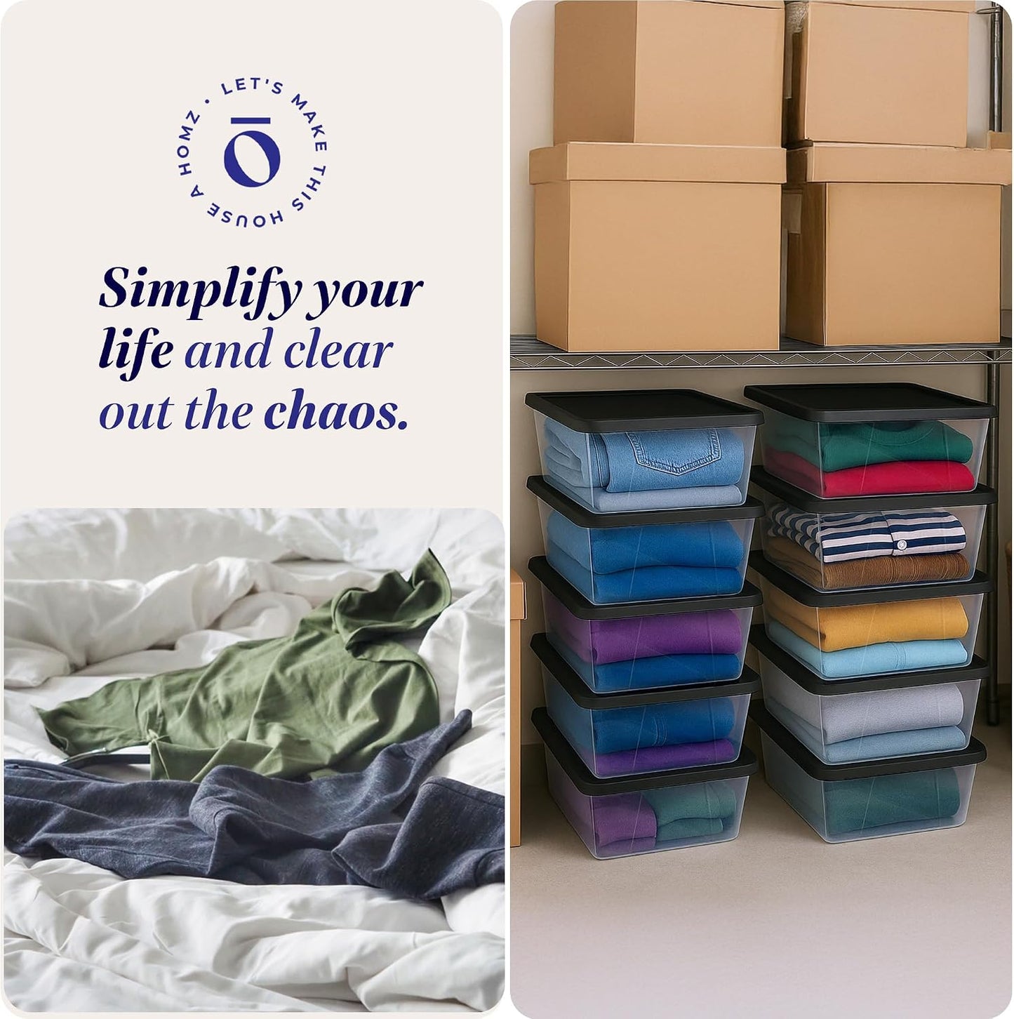 HOMZ 2-Pack Snaplock, Small Clear Plastic Storage Organizer Bins w/ Lids, 28 Quart, Gray - Stackable Container Boxes for Bedroom, Bathroom, Garage, and Office Organization