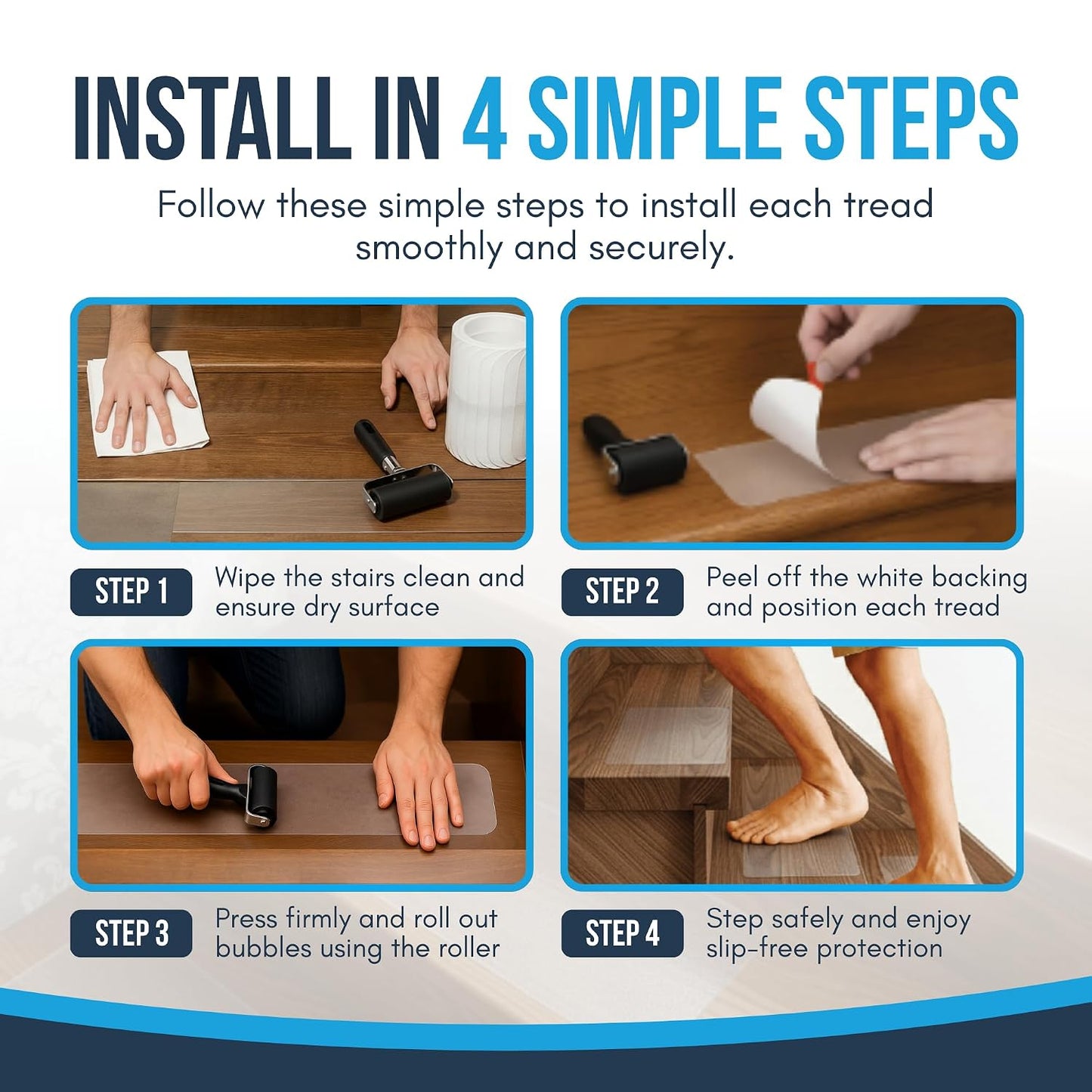 Clear Non Slip Stair Treads for Wooden Steps Indoor (20 Pack) - 30” x 6” Wide Transparent Peel and Stick Stair Treads Non Slip, Indoor Safety Strips for Wood Stairs, Stair Grips for Elderly and Pets